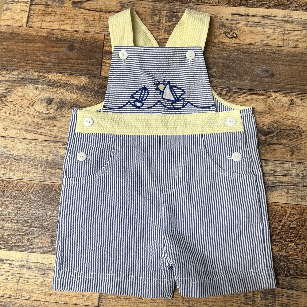 Florence Eiseman Seersucker Romper Baby Boy 12m Embroidered Sailboat Striped